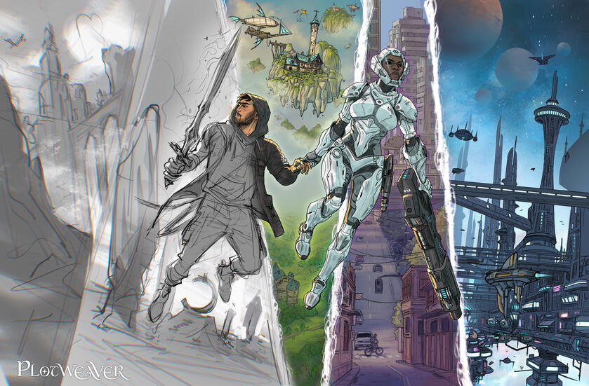 Plotweaver in-progress key art, with the style transitioning from sketch to color render from left to right. A woman in scifi armor guide a man in a modern hoody and a medieval sword forward into a new, unknown story. Plotweaver logo in the bottom right.